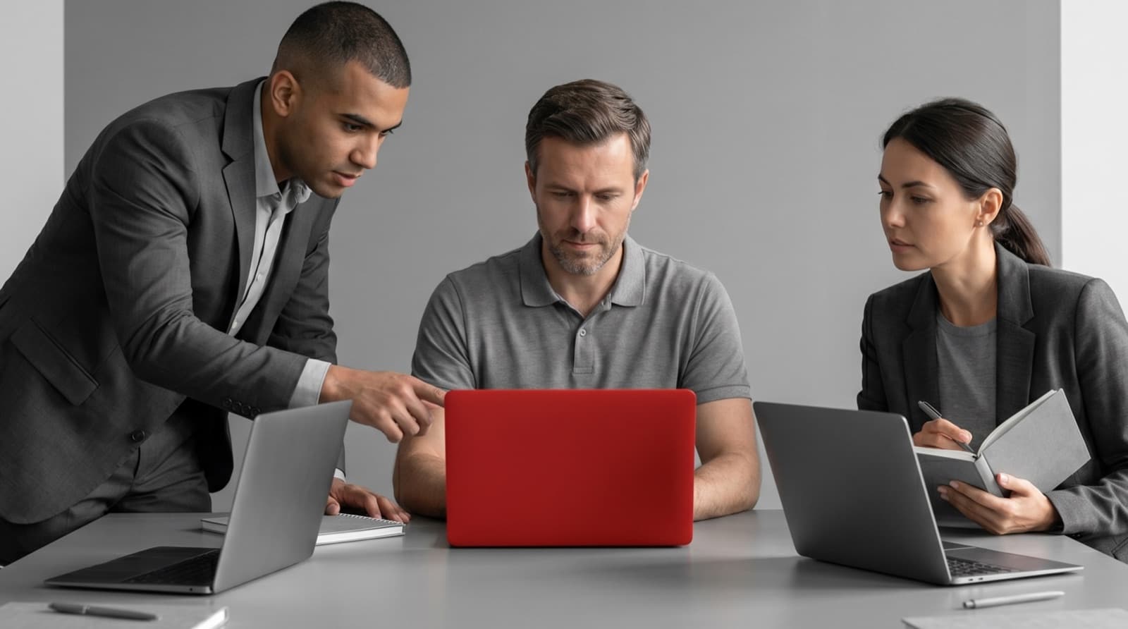 A small engineering team collaborating around a grey conference table with one red laptop among the hardware