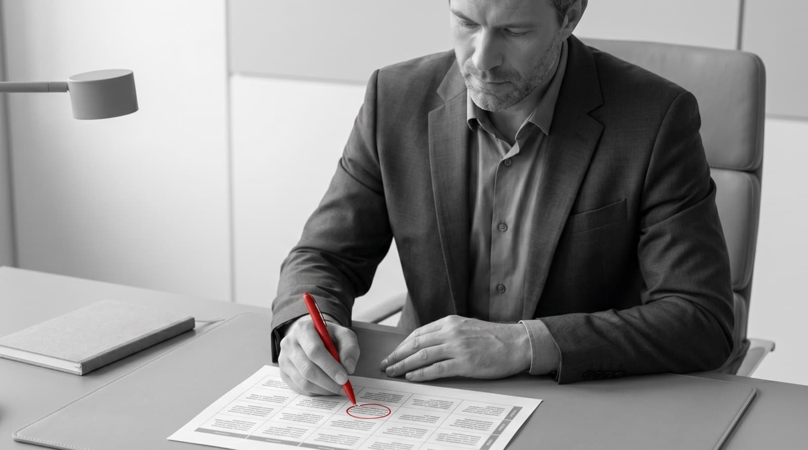 Decision maker reviewing a provider comparison matrix on paper in a grey office with one red circled choice