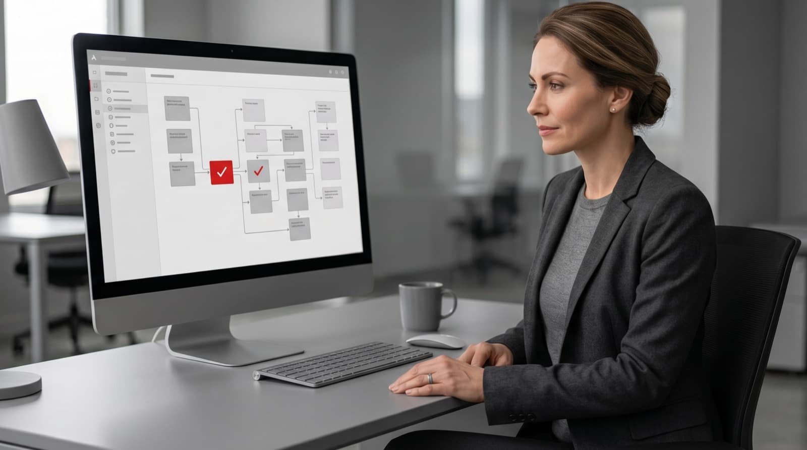 Office worker at a tidy grey desk watching automated workflow steps execute on screen with one red completed checkmark