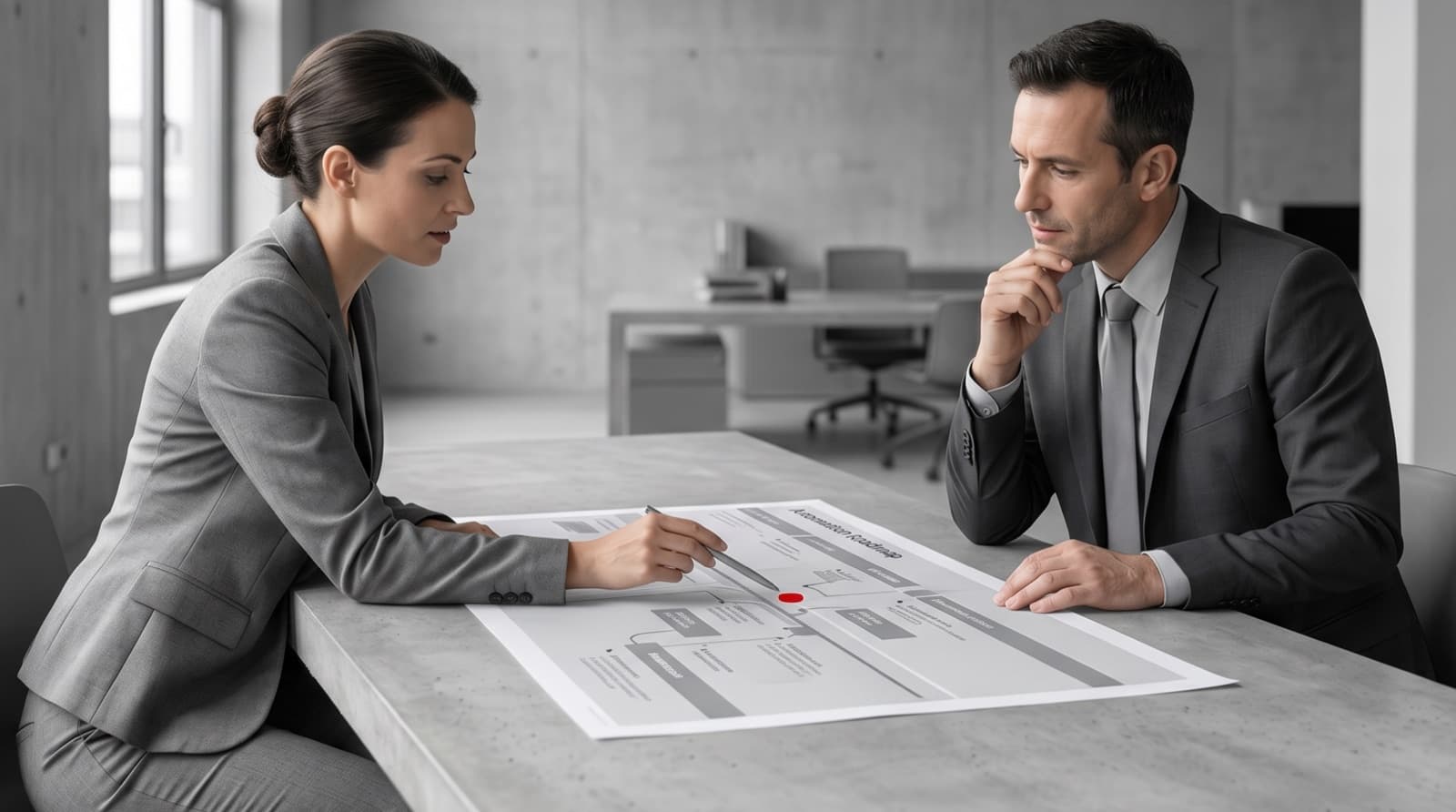 Two professionals in grey reviewing an automation roadmap document with one red priority marker on the timeline