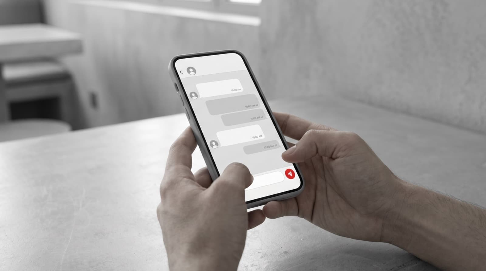 Customer messaging a business WhatsApp chatbot on a smartphone in a grey minimalist setting with one red interface accent
