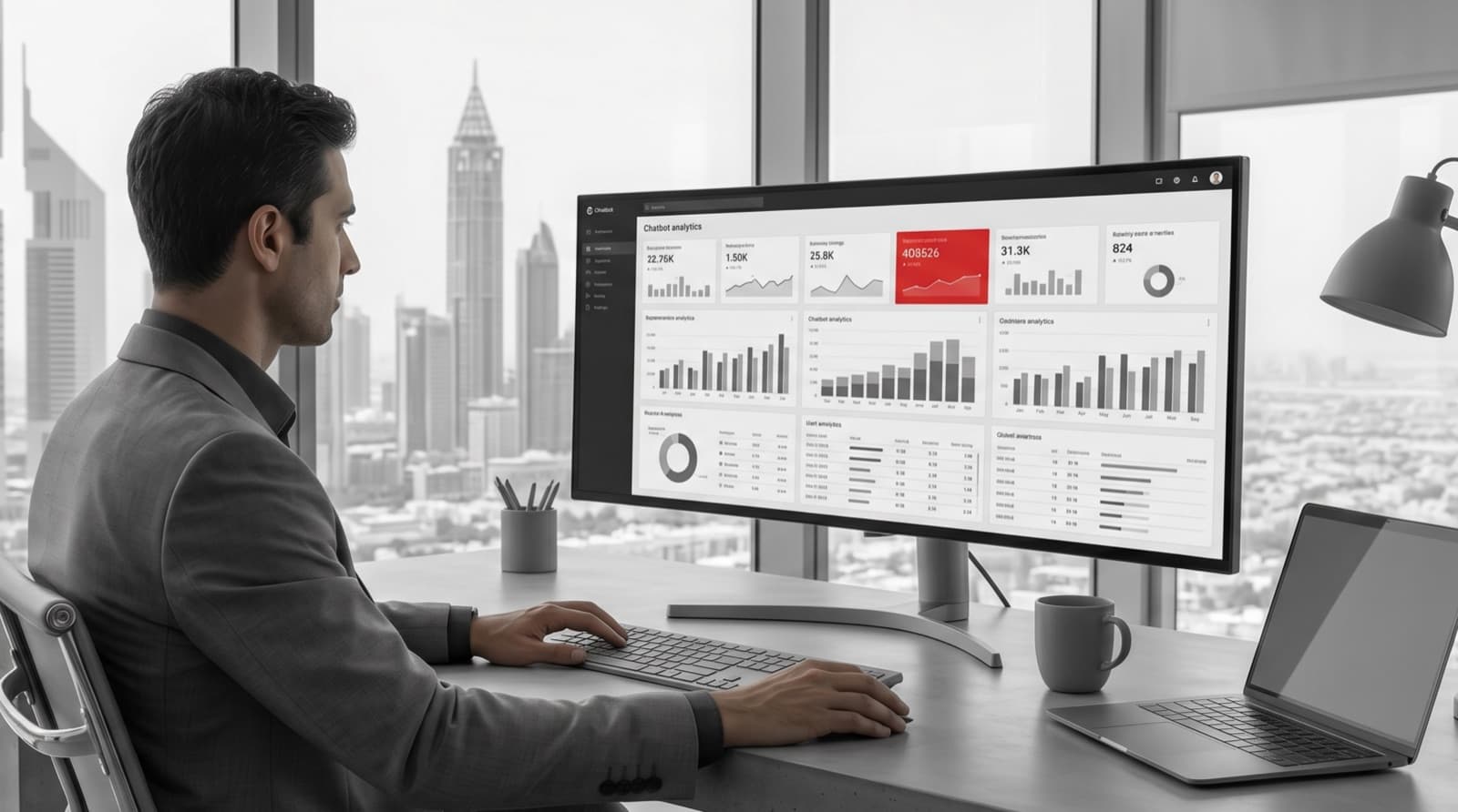 Operations manager reviewing a monochrome chatbot analytics dashboard with one containment-rate metric highlighted in red