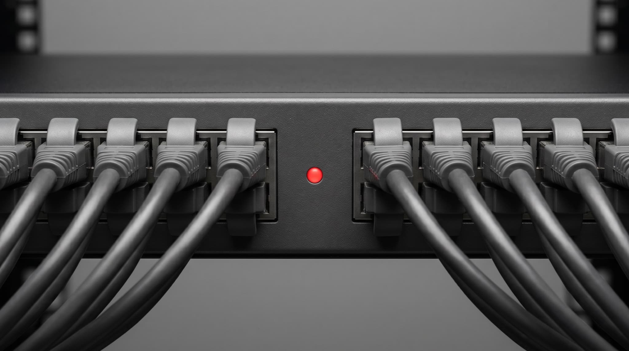 A close-up of a dark grey server rack panel with neat cable management and a single red status indicator illuminated against neutral grey hardware