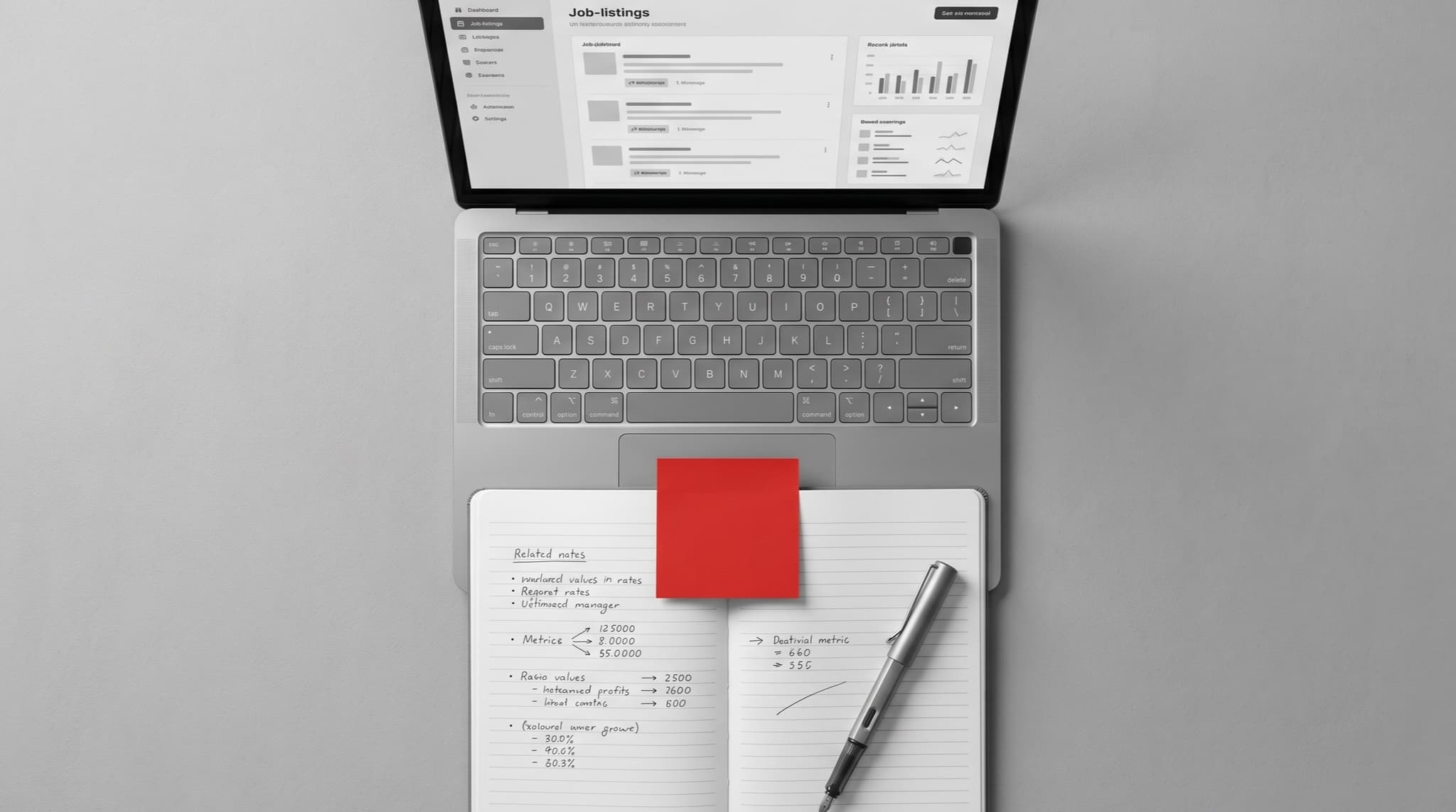 A flat-lay overhead shot of a clean grey desk with a laptop, notebook, and a single red sticky note as the only colour accent