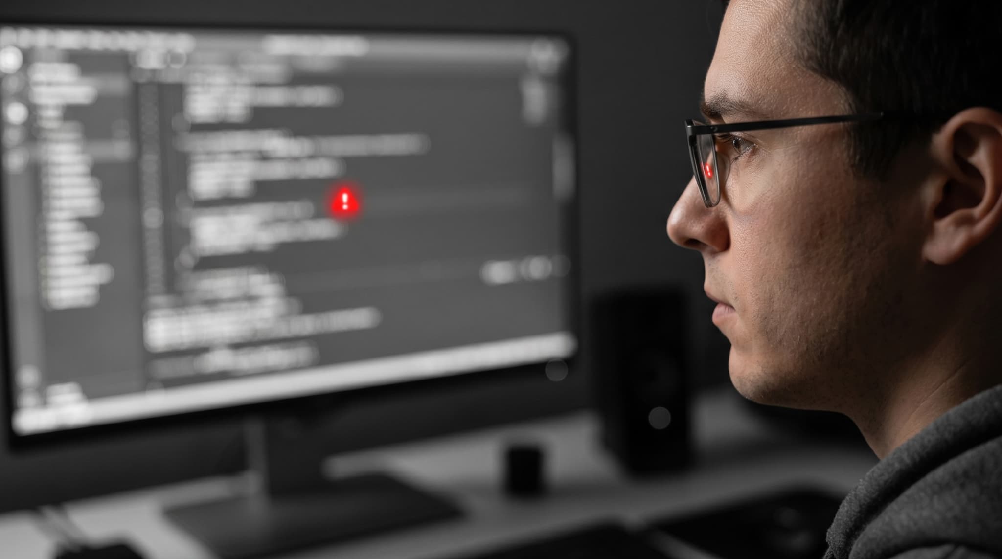 A developer running a post-migration SEO crawl comparing old and new URL structures on a clean grey desk, red alert on the console indicating a URL to fix