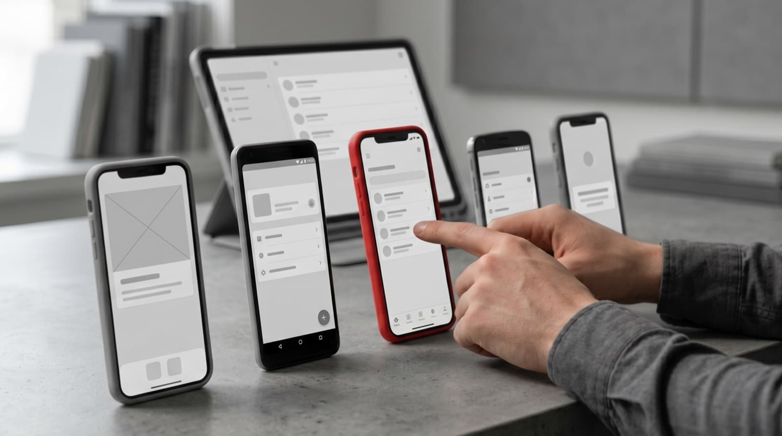 Mobile developer testing an app build on multiple devices arranged on a grey desk with one red phone case standing out