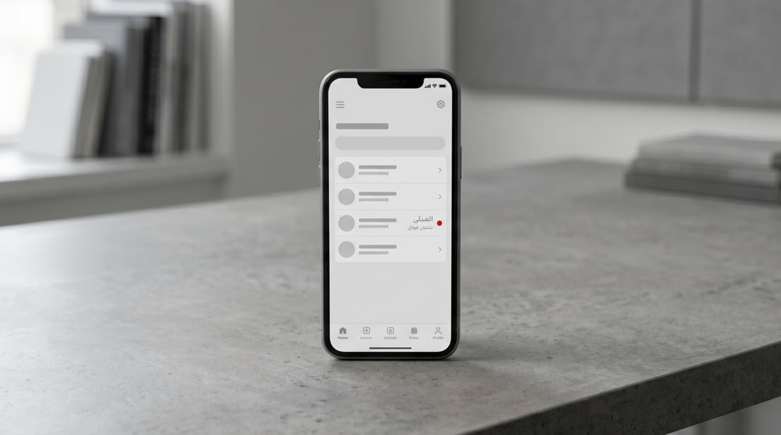 Smartphone showing a bilingual Arabic-English app interface resting on a grey table with one red accent element