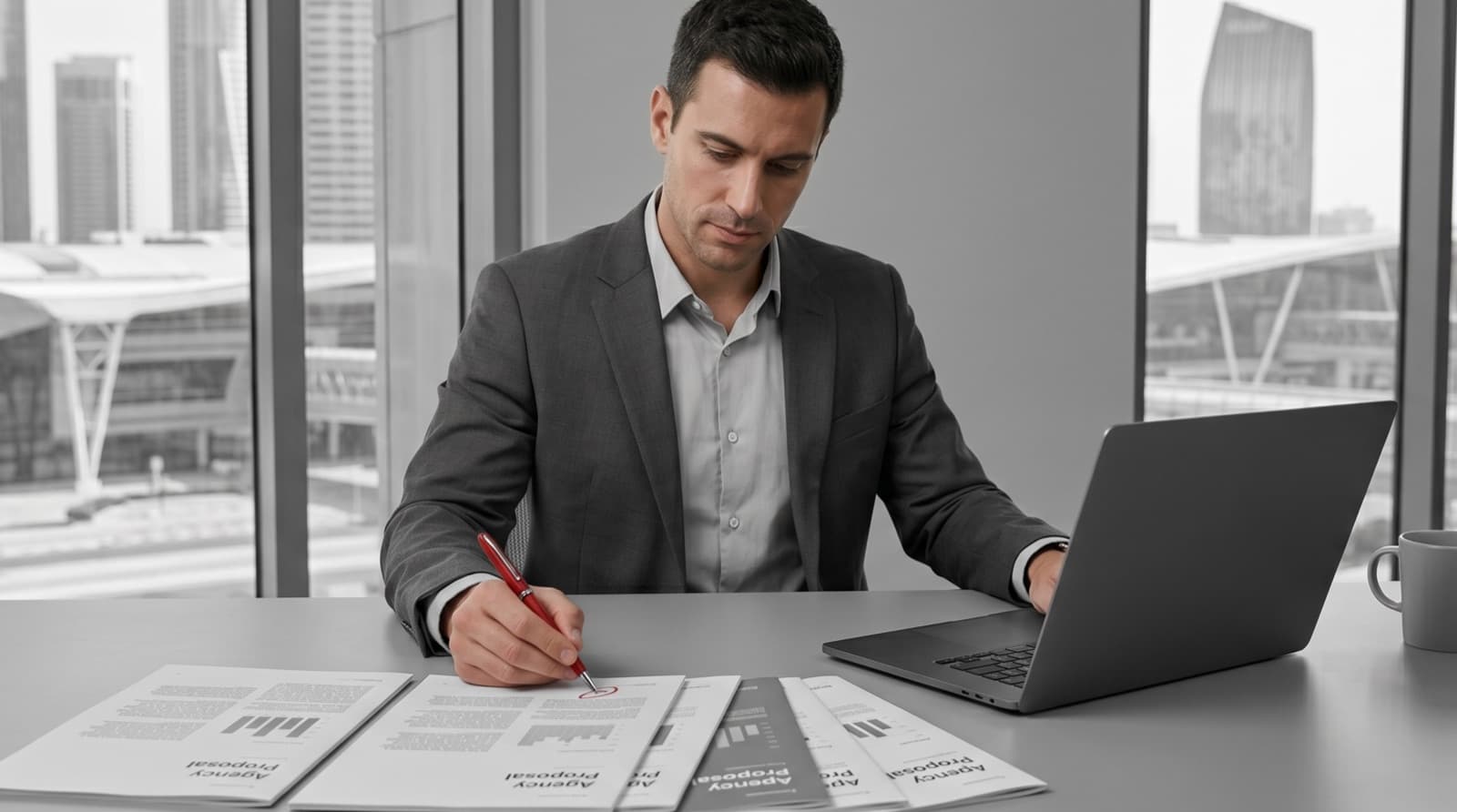Business owner comparing agency proposals laid out on a grey desk with one proposal marked with a red pen