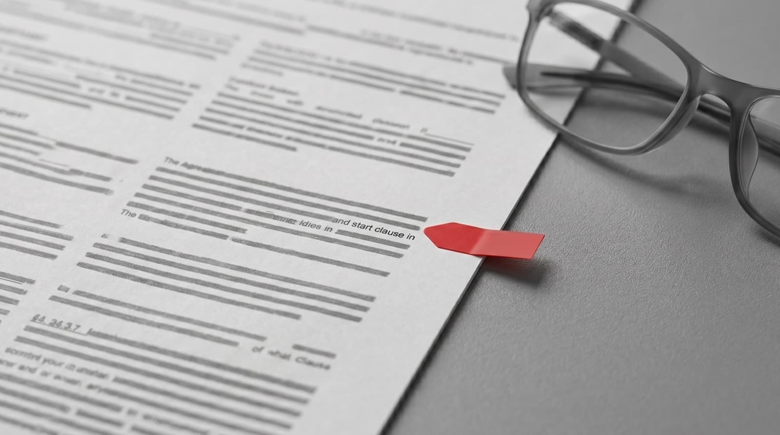 Close-up of a web development contract on a grey desk with one clause flagged by a red marker