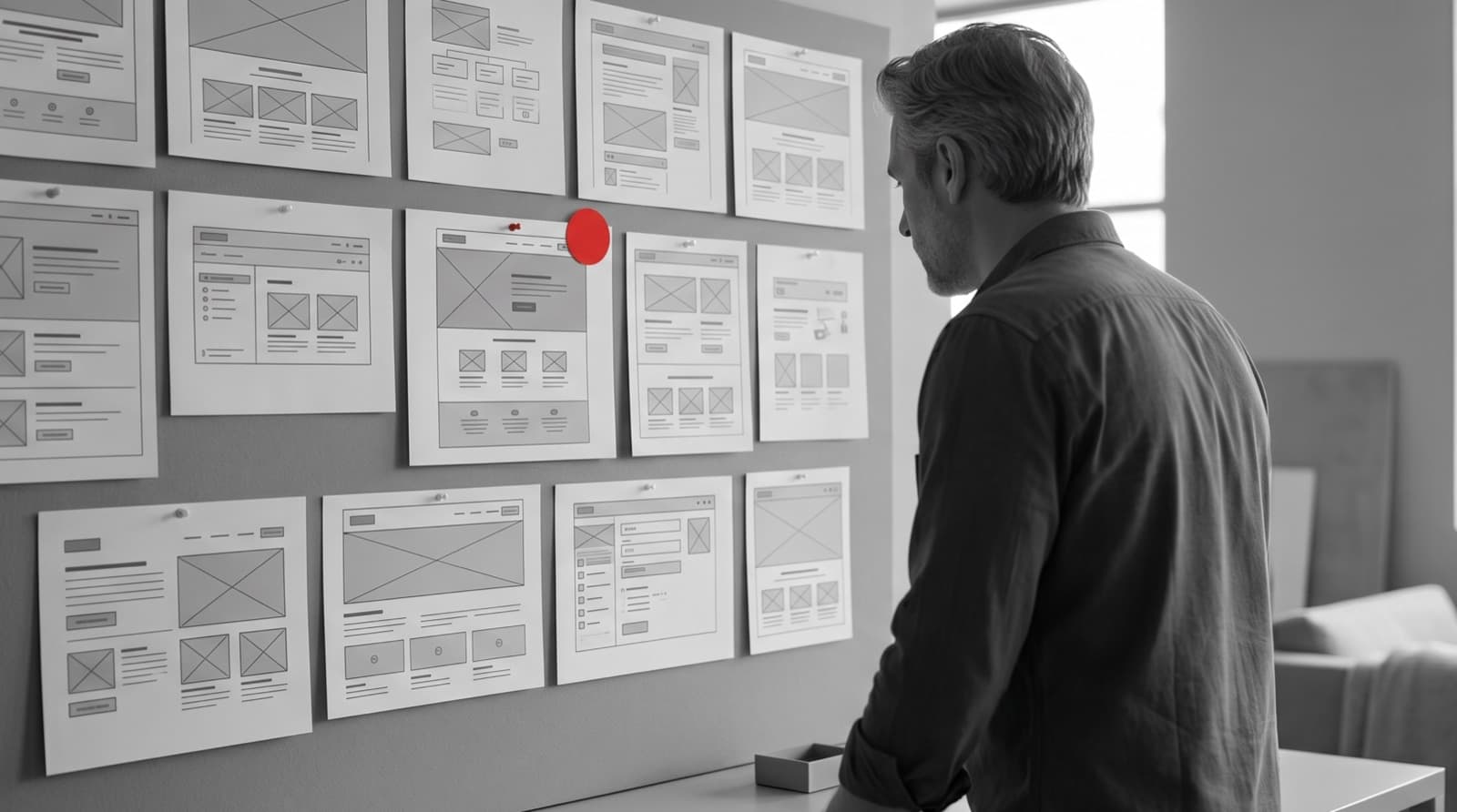 Designer reviewing greyscale website wireframes pinned to a board with one red layout marked as chosen