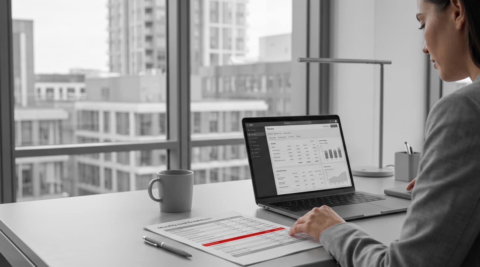 Business owner reviewing a monthly website cost breakdown beside a laptop with one red highlighted line item