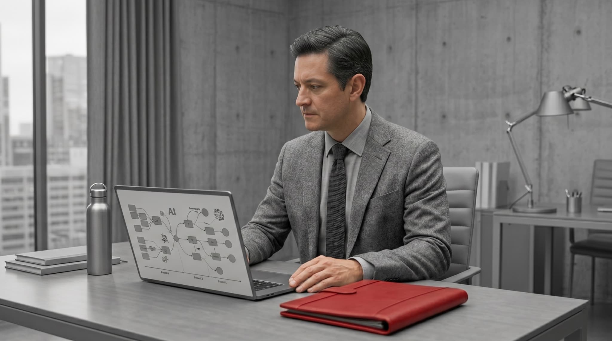 A business strategist reviewing an AI workflow roadmap on a laptop in a clean grey office environment with a single red accent folder on the desk