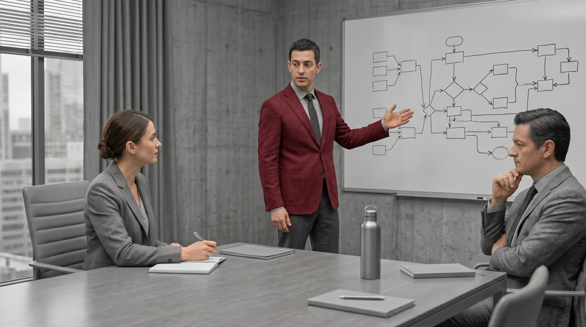 Two consultants in a grey meeting room with a whiteboard showing process flow diagrams, one in a red jacket presenting to a client