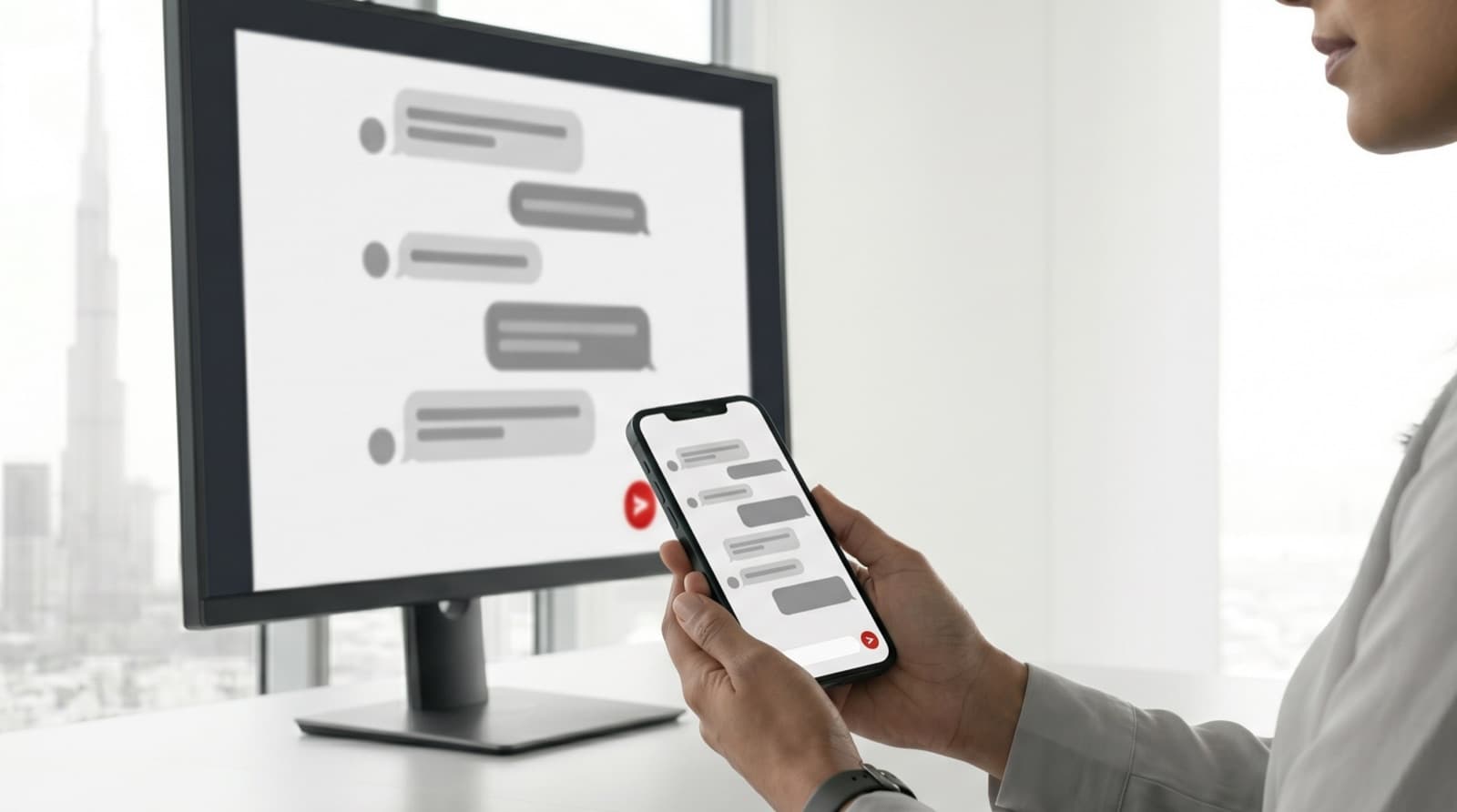 Customer experience manager reviewing a monochrome chat conversation flow on a smartphone and monitor