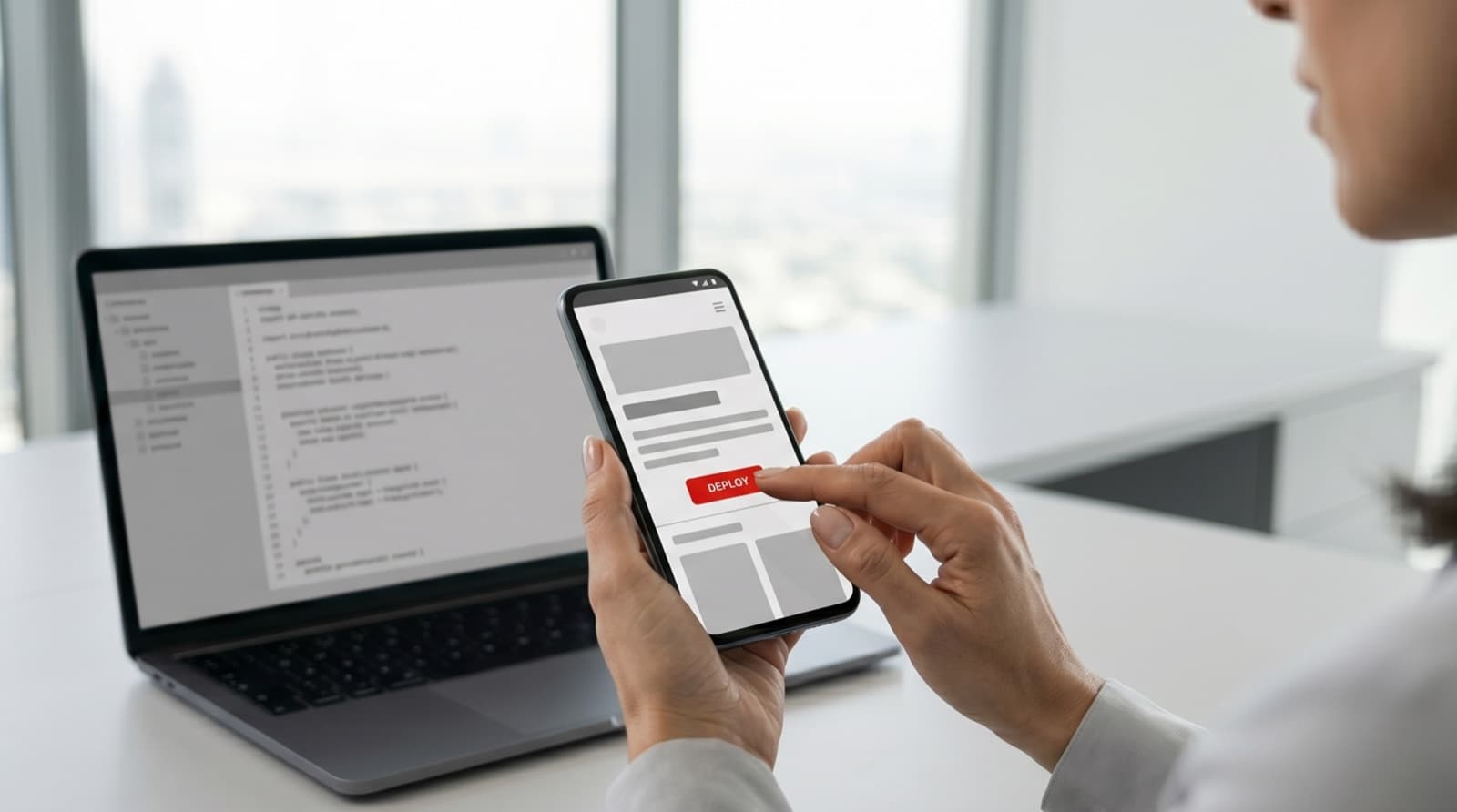 Mobile engineer testing an Android app interface on a smartphone at a bright minimal workspace