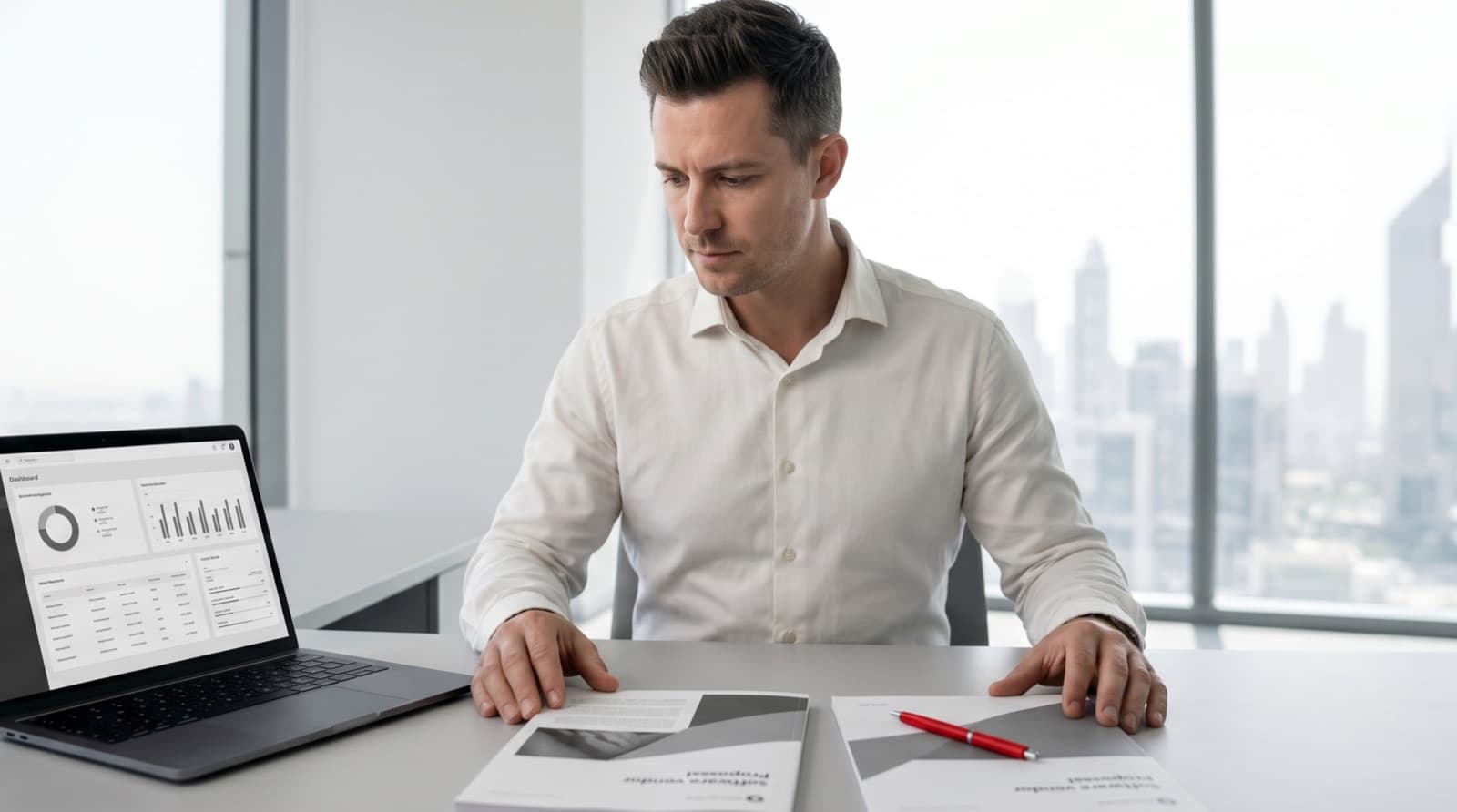 Business decision-maker in a bright Dubai office comparing two software vendor proposals side by side