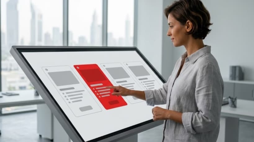 Content manager comparing CMS platform options shown as grey interface panels with one red selected platform card