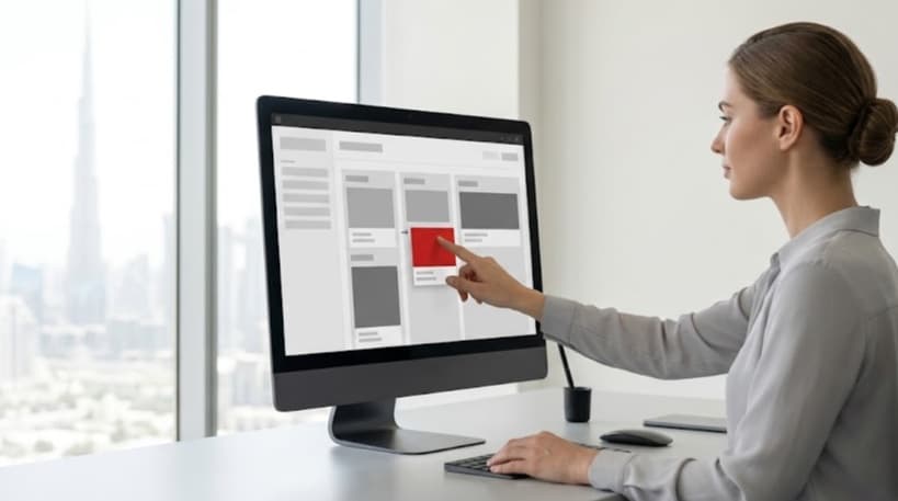Product designer arranging custom monochrome content-type cards into a structured editor layout