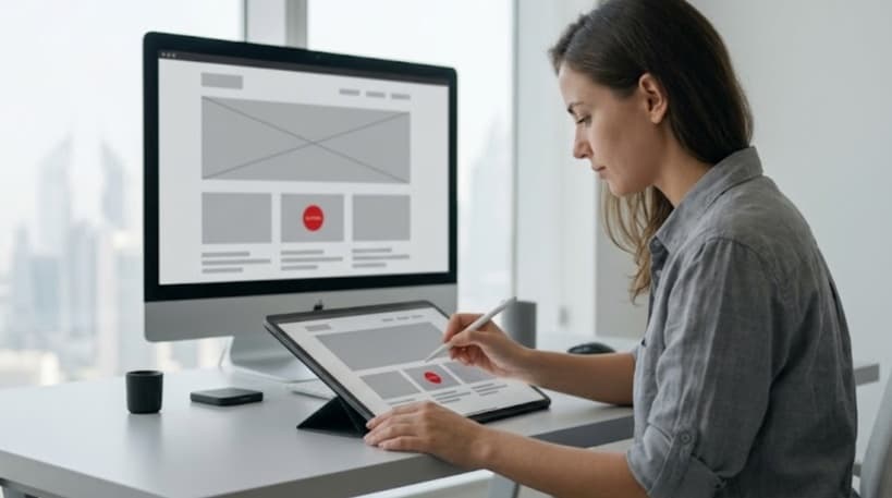 Web designer sketching a bespoke website wireframe on a tablet with grey layout blocks and one red call-to-action element