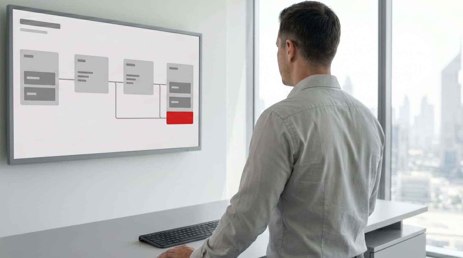 DevOps engineer monitoring a deployment pipeline on a large screen in a modern Dubai operations room
