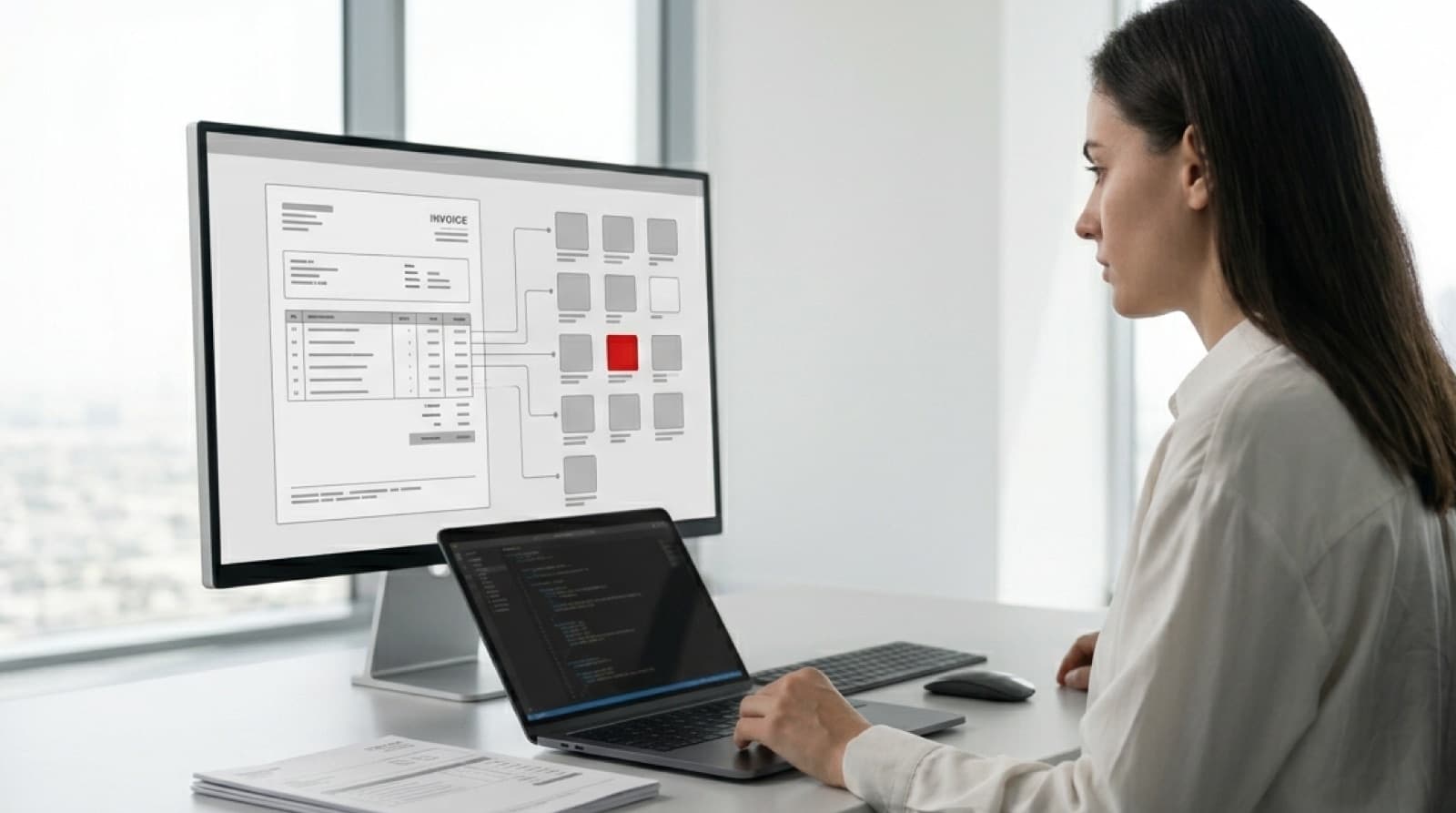 Document automation specialist reviewing extracted invoice fields on a monochrome processing dashboard
