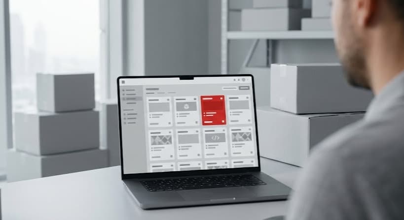 Online store owner reviewing a grey ecommerce dashboard beside packed parcels, with one red order card highlighted