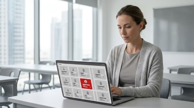 Teacher reviewing a grey learning management dashboard with student progress tiles and one red alert tile