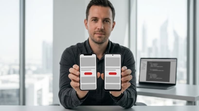Mobile developer reviewing one codebase deploying to an iPhone and Android phone side by side, with one red interface element shared across both screens
