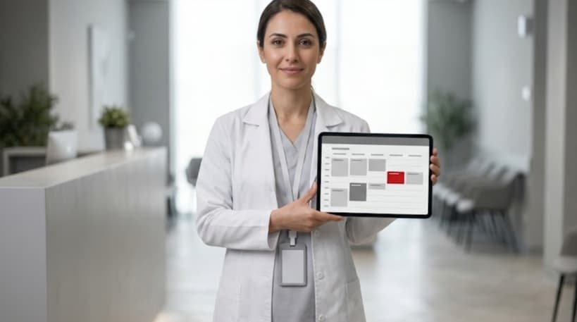 Doctor reviewing a grey clinic management dashboard on a tablet with one red appointment slot highlighted