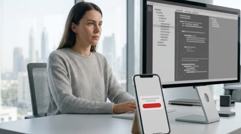 iOS developer working in Xcode beside an iPhone showing a minimalist grey app interface with a single red action button