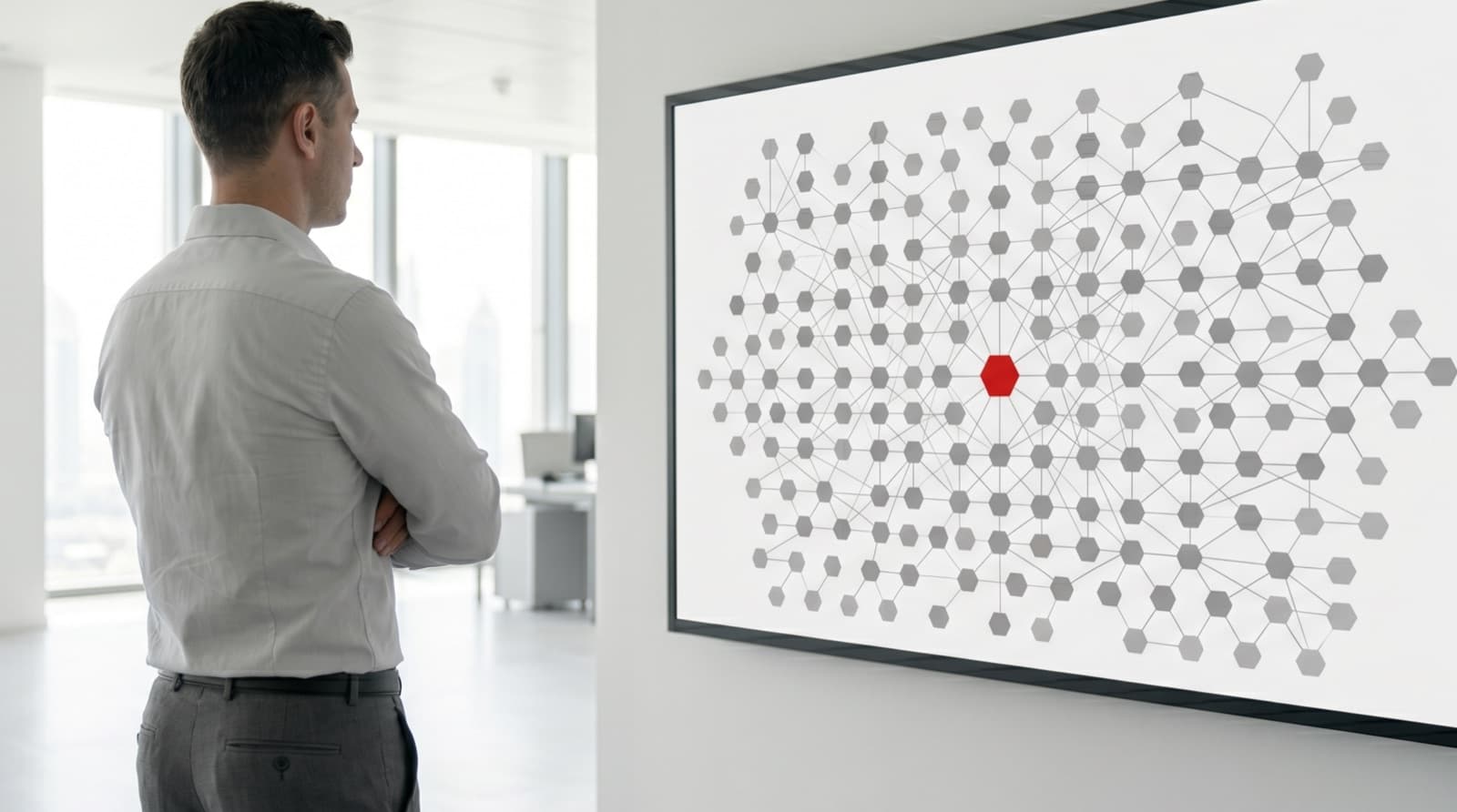 Platform engineer observing a monochrome Kubernetes cluster topology visualization on a large display