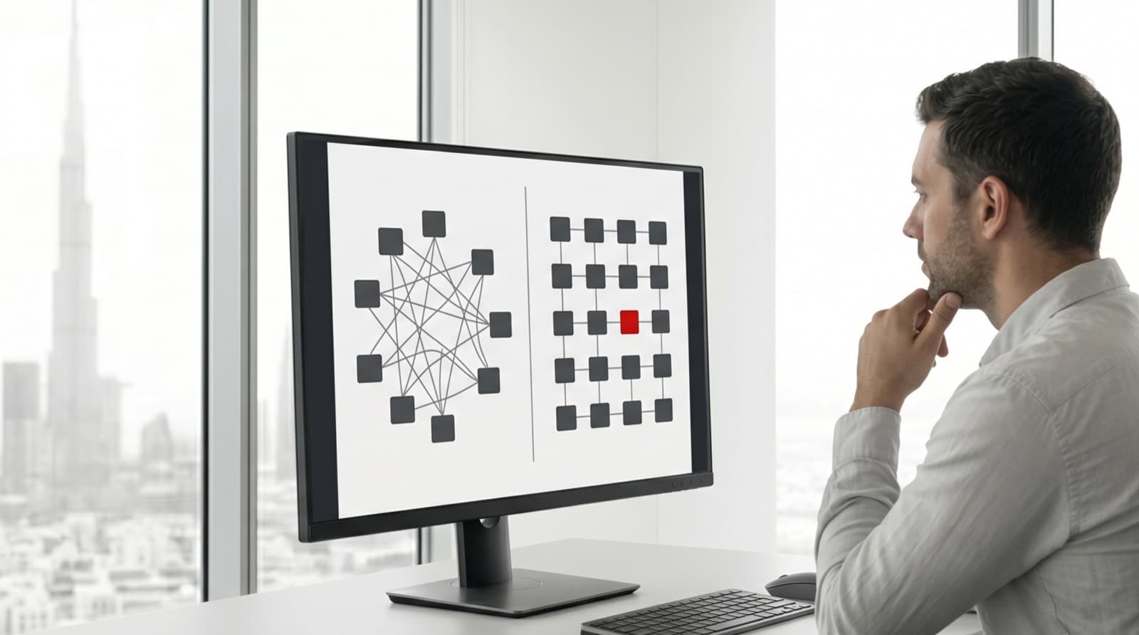 Software architect comparing an old monochrome system diagram with its modernized replacement on a screen