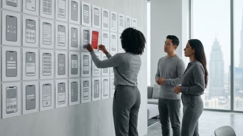 App development team planning screens on a wall of grey mobile interface mockups with one red screen highlighted