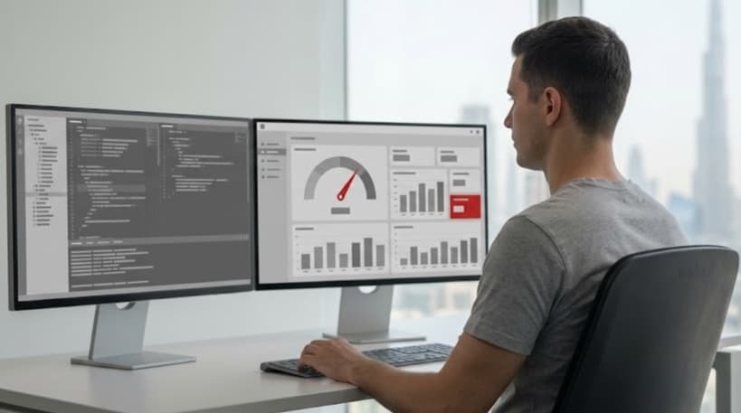 Front-end engineer reviewing grey code panels and a performance chart on dual monitors with one red metric highlighted
