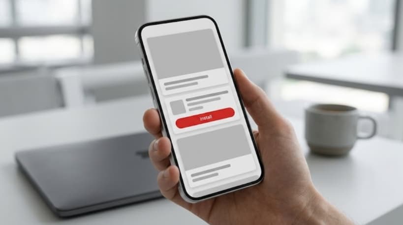 Hand holding a phone showing a grey app interface installing to the home screen with one red install button