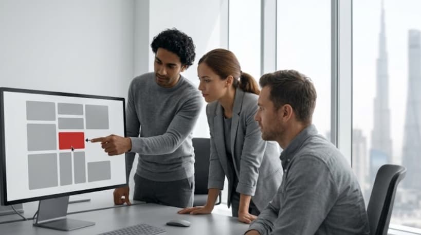 Development team collaborating around a screen showing a grey component-based app interface with one red component highlighted