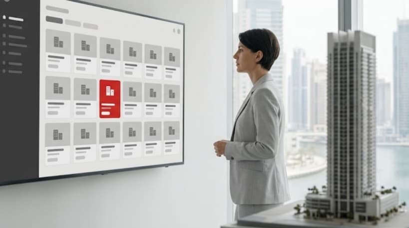 Property executive reviewing a grey real estate dashboard of unit cards with one red highlighted property