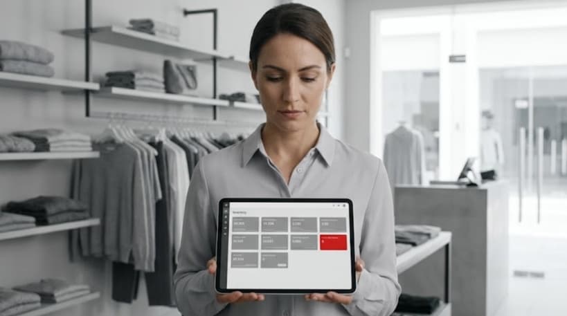 Retail operations manager in a boutique reviewing a grey unified commerce dashboard with one red stock alert