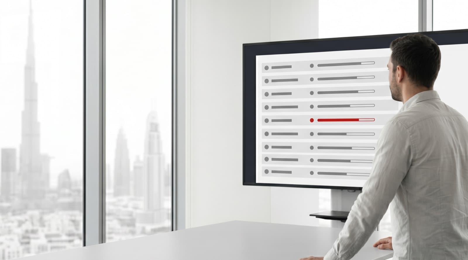Automation engineer monitoring a monochrome robotic process automation control panel with bot status rows