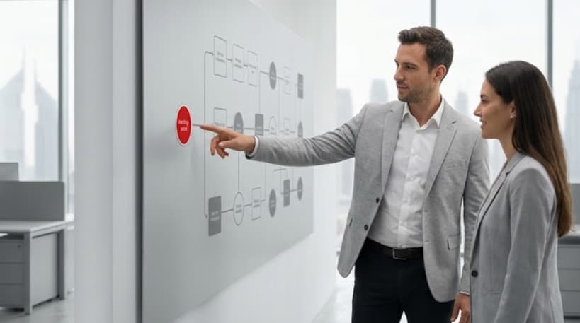 Consultant walking a client through a grey service roadmap board with one red recommended starting point