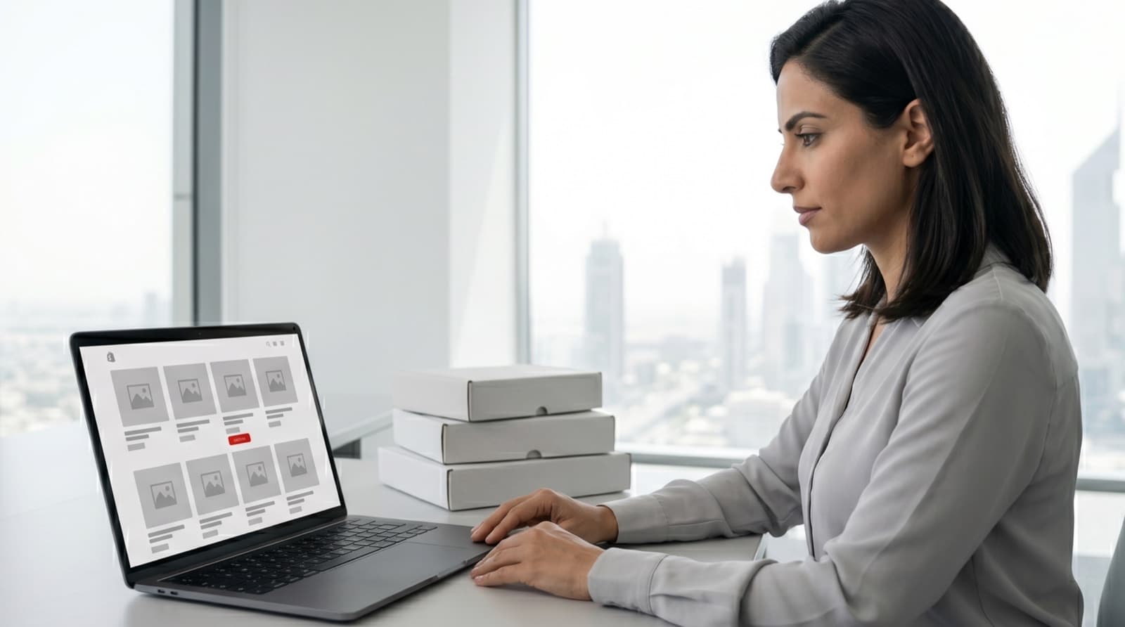 UAE merchant reviewing a clean Shopify storefront layout on a laptop in a bright workspace