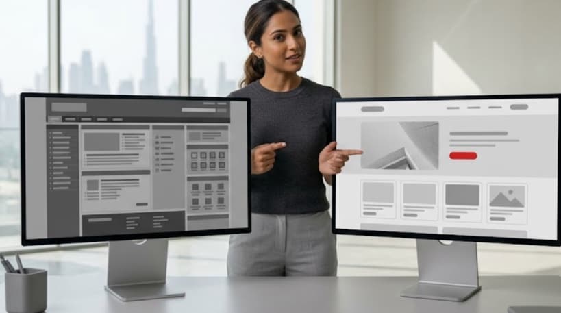Before-and-after website redesign comparison on two screens, dated grey layout transforming into a modern interface with one red accent
