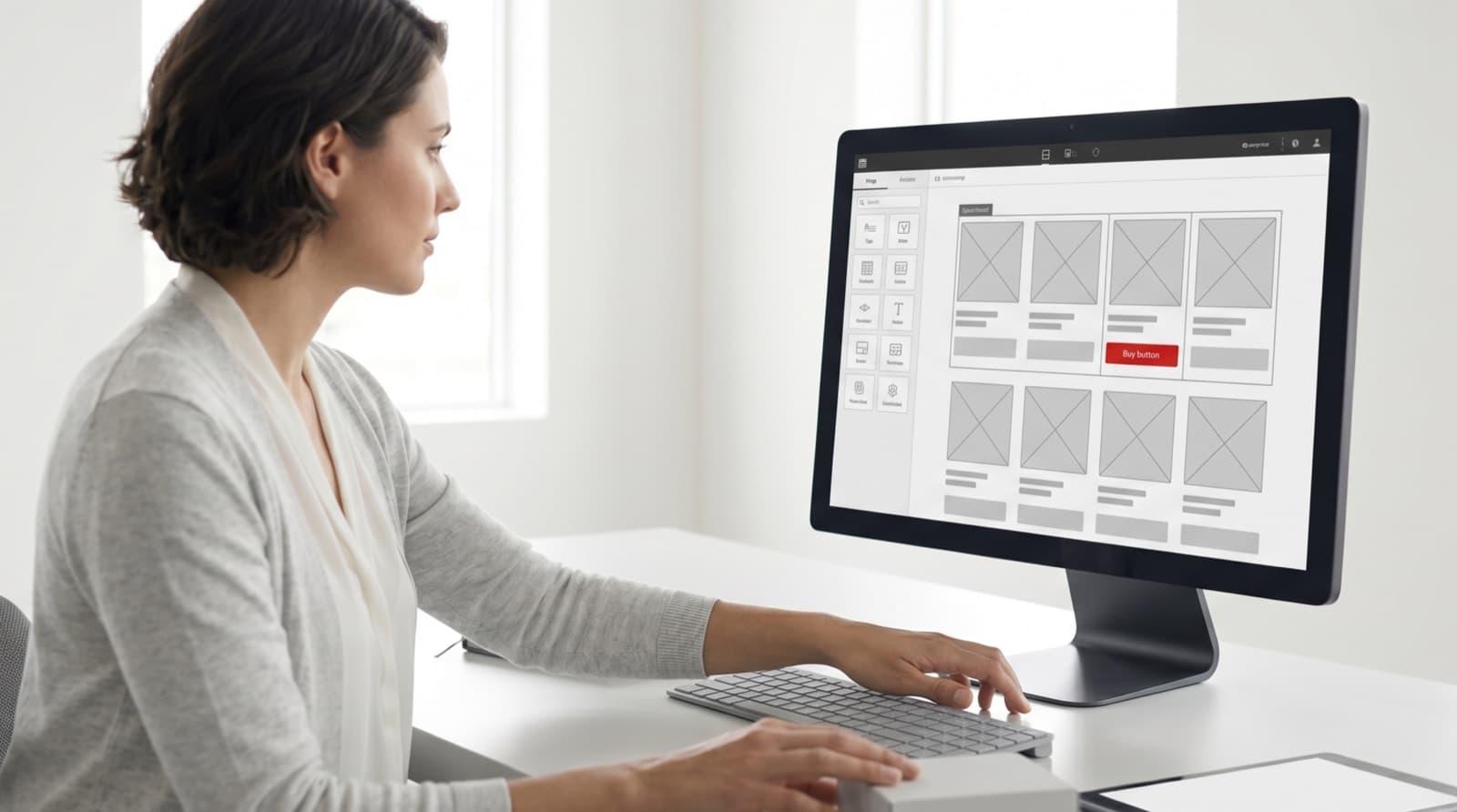Developer customising a monochrome WooCommerce store layout on a widescreen monitor in a bright studio