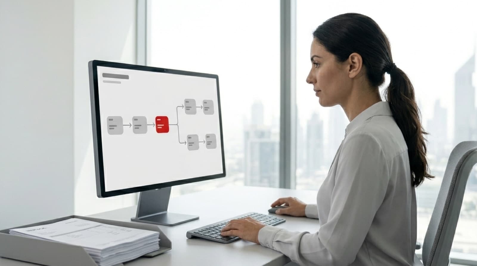 Operations specialist reviewing a monochrome automated workflow diagram with connected step nodes on a monitor