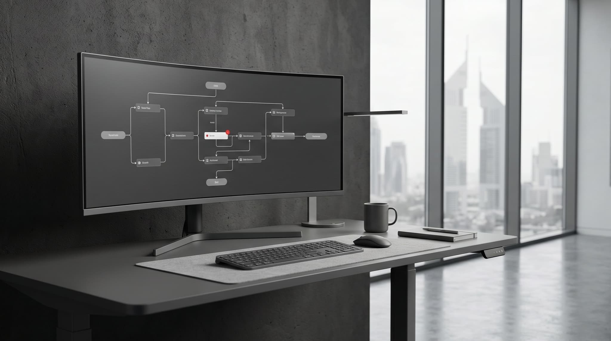 A focused operator at a clean grey workstation reviewing automated workflow cards
