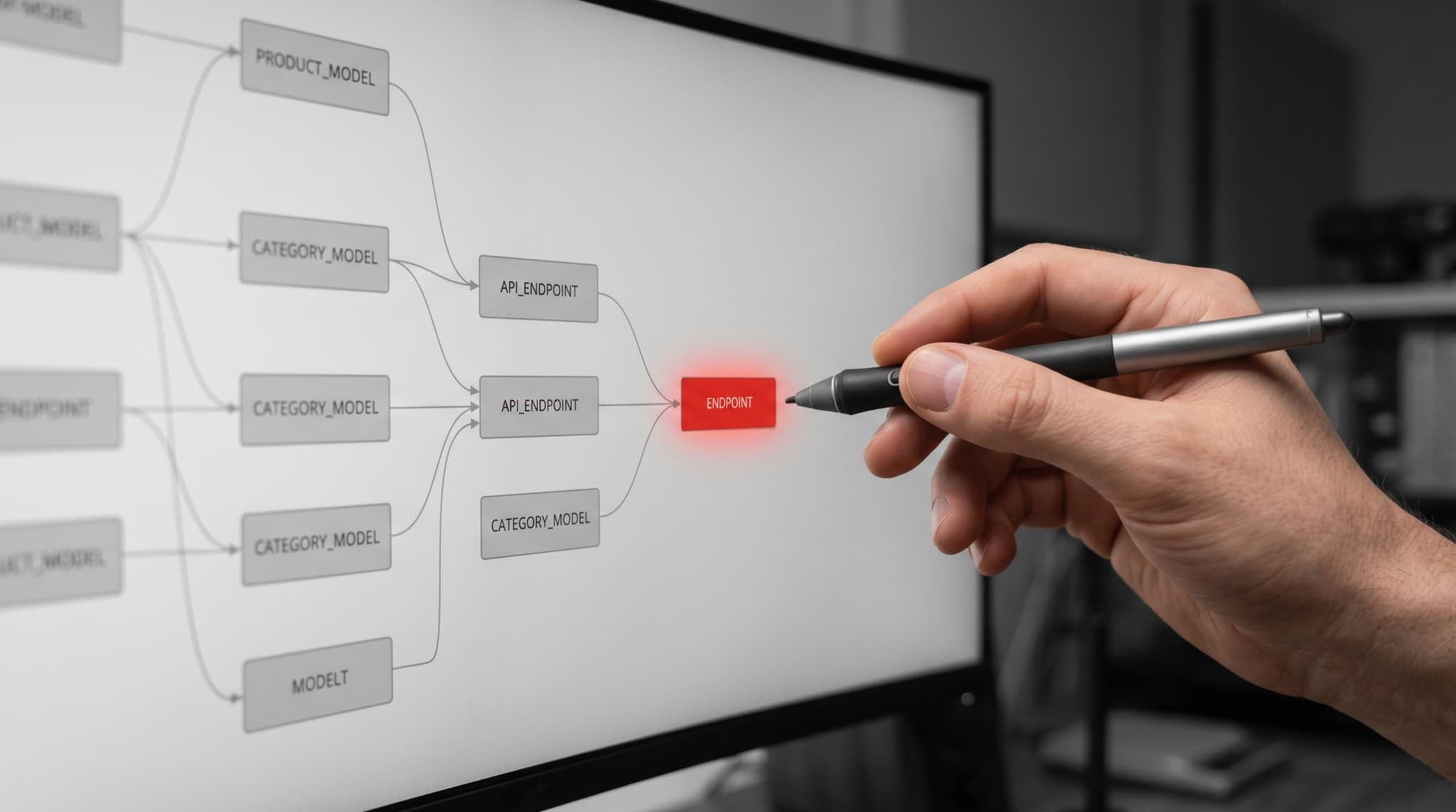 Close-up of a headless CMS content-model and API node graph on a monitor, a single endpoint node glowing red, a stylus pointing toward it