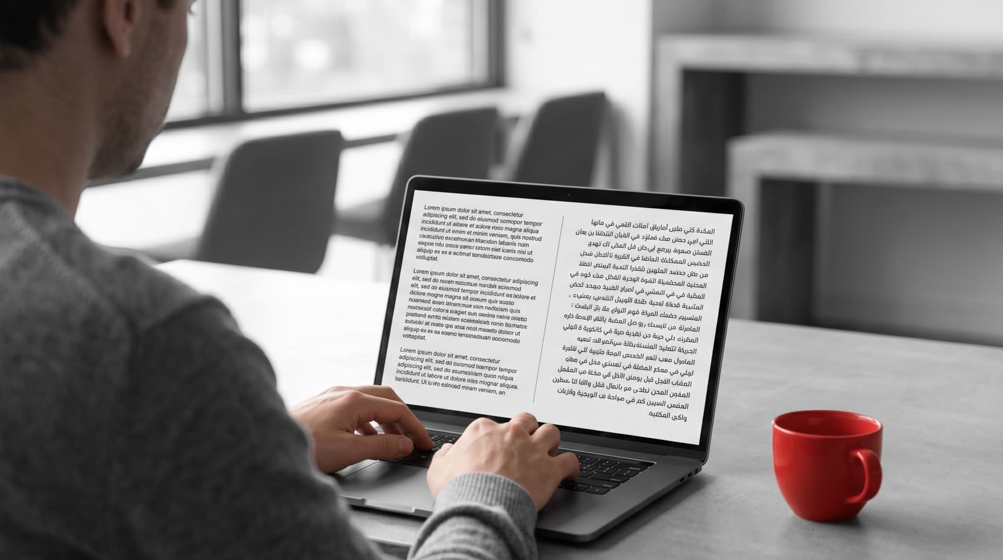 An editor reviewing bilingual content in a headless CMS interface on a laptop, grey desk and neutral background, red coffee cup in frame