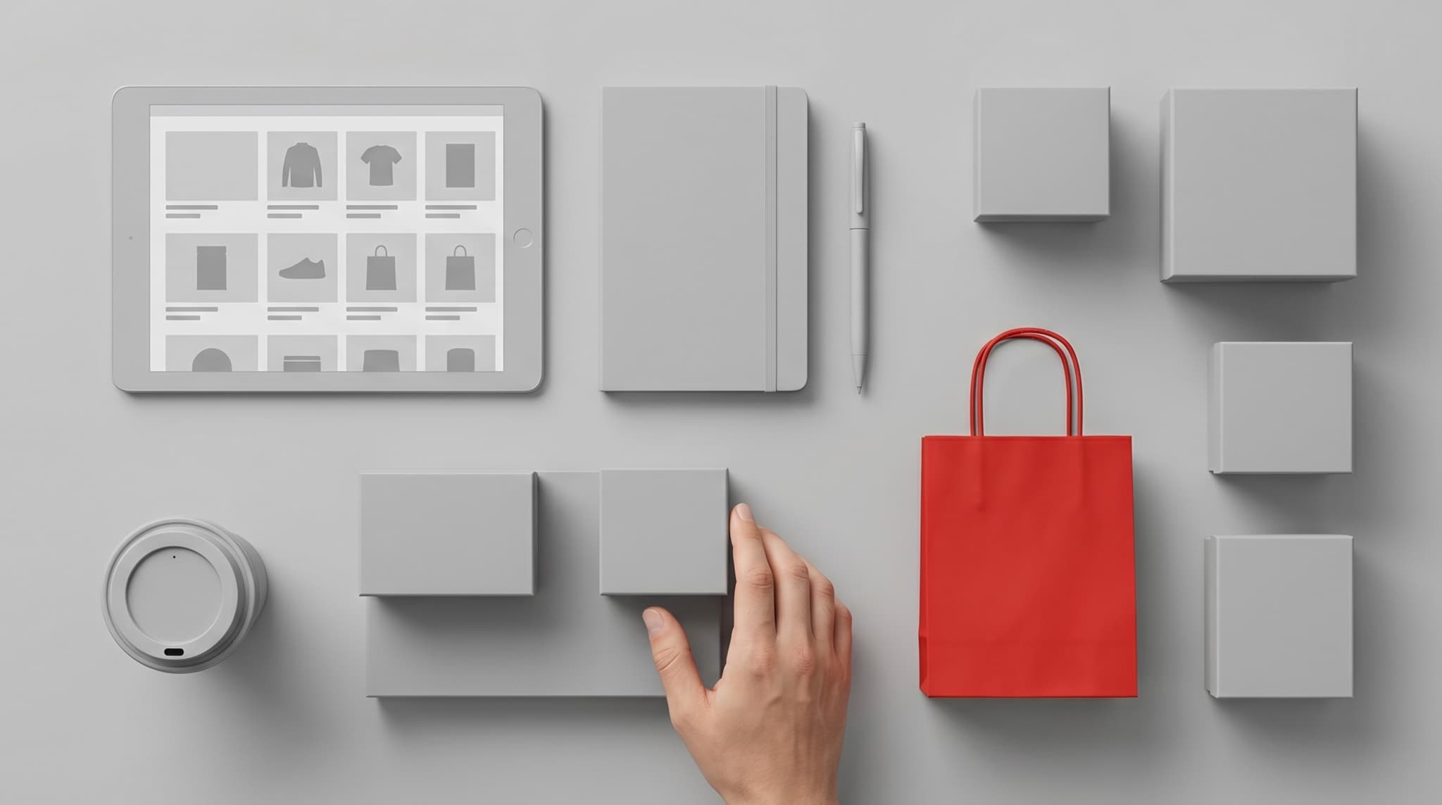 UAE retailer reviewing mobile storefront designs on a tablet at a minimalist workspace with grey and white palette, red notification badge visible