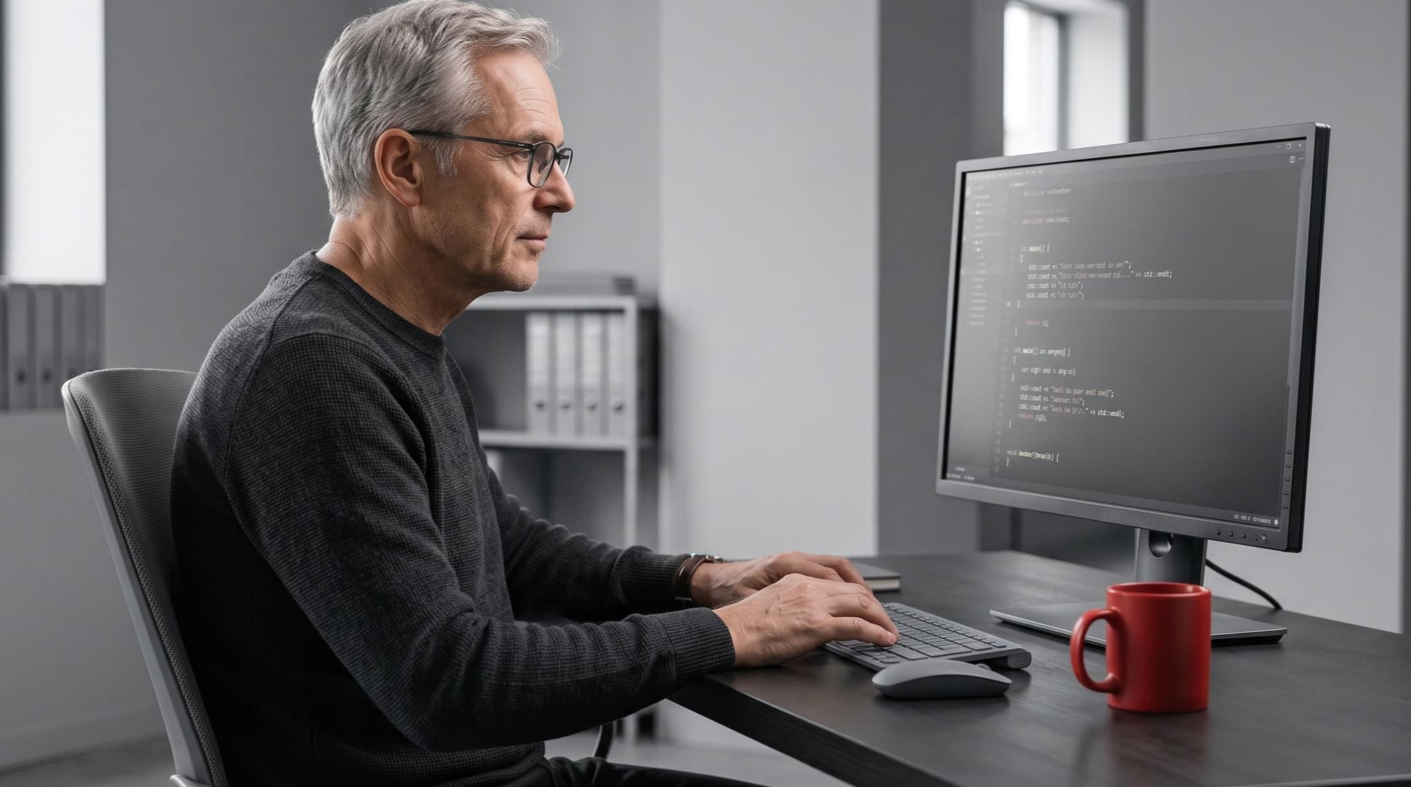 A senior software developer at a clean desk reviewing code with a single red coffee mug as the only color in the frame