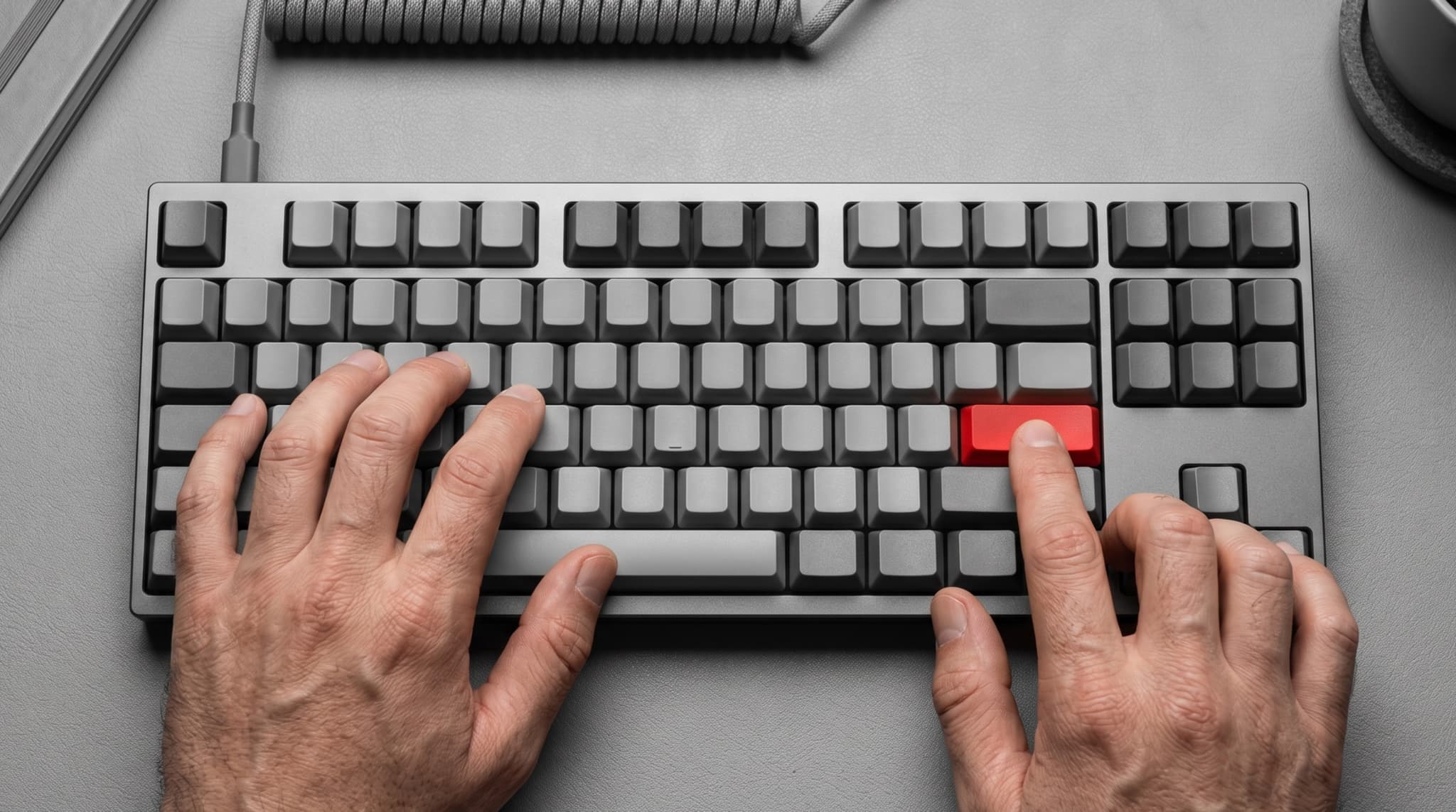 Close-up of an engineer's hands on a keyboard triggering an automated AI workflow, a single illuminated red run key the only colour in frame